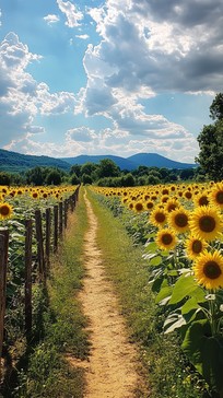 Free Sunflower Pathway Scenery Image - Sunflowers, Pathway, Fence ...