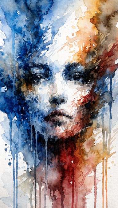 Delicate face emerges from cascading watercolor drips in blue, sienna ...