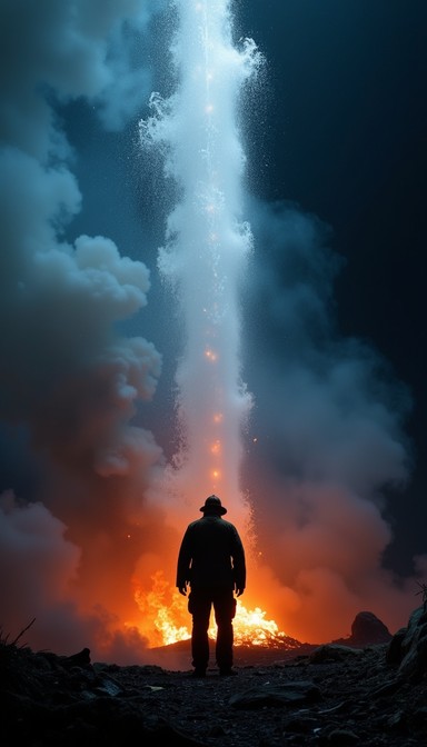 A lone firefighter stands against roaring flames, directing a powerful ...