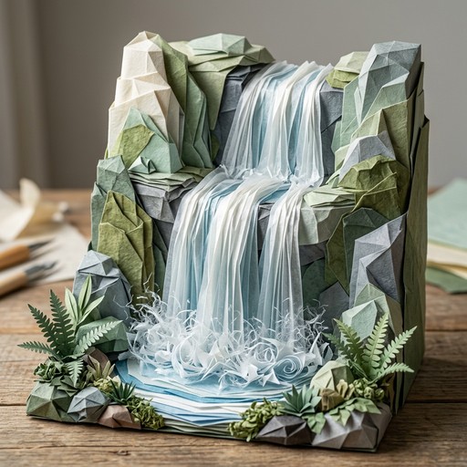 Stunning origami waterfall sculpture crafted entirely from meticulously ...
