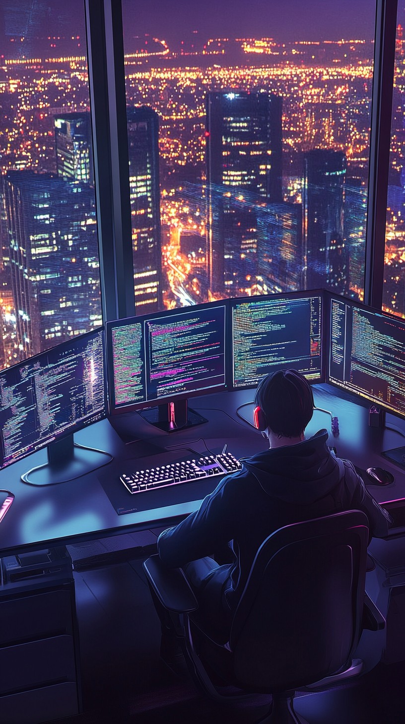 Free Nighttime Tech Workspace Image - Technology, Nighttime, Cityscape ...