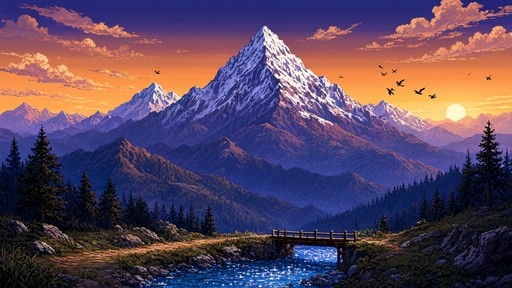 A tall, snow-capped mountain rises in the middle of this 16-bit pixel ...