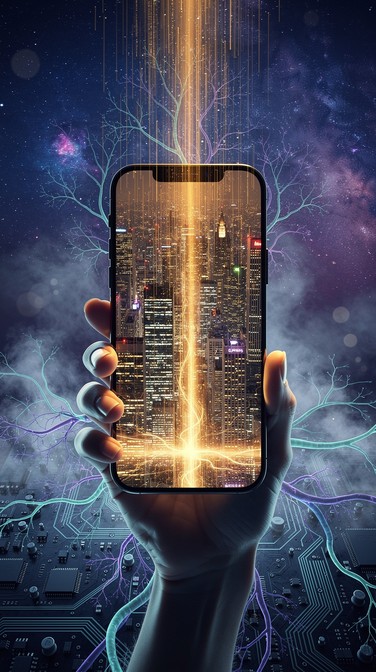 A glowing smartphone transforms into a magical portal connecting ...