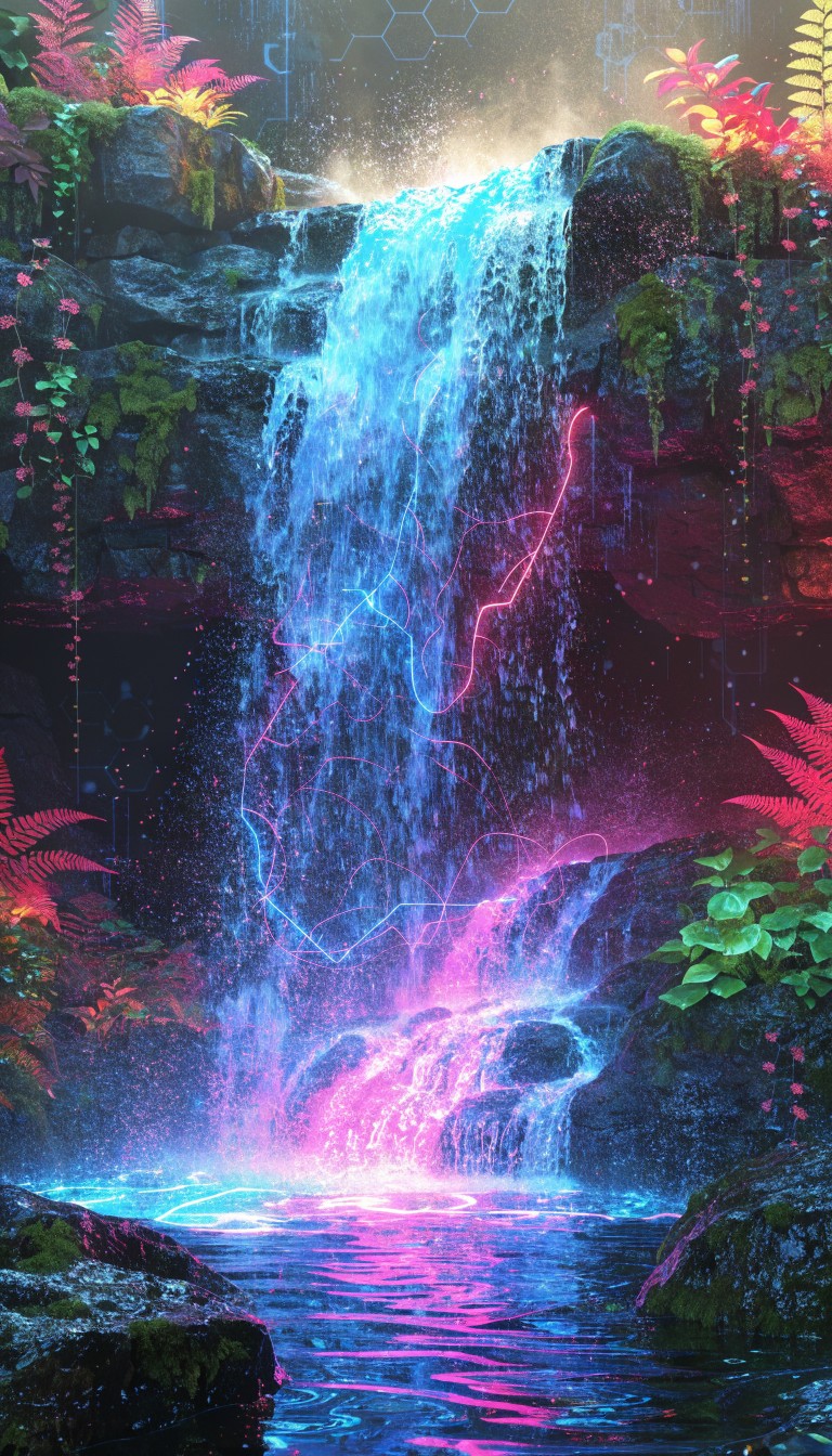 Free Neon Waterfall Dreams Image - Waterfall, Neon, Cyberpunk ...