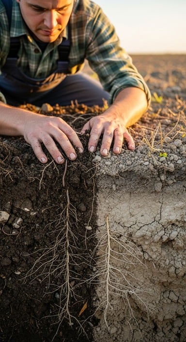 Researcher studying soil health at golden hour