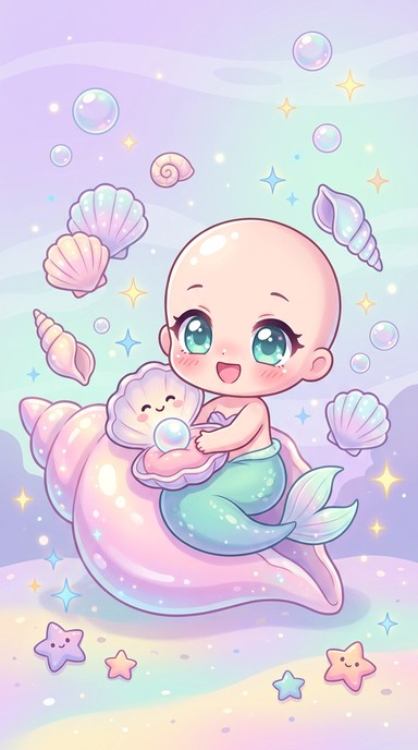 A cute chibi mermaid girl with big teal eyes sits on a glossy pink ...