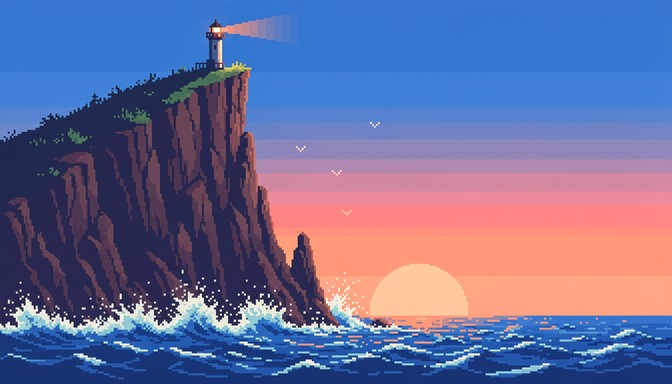 Free Pixel Coastal Sunset Image - Pixel, Cliff, Lighthouse | Download ...