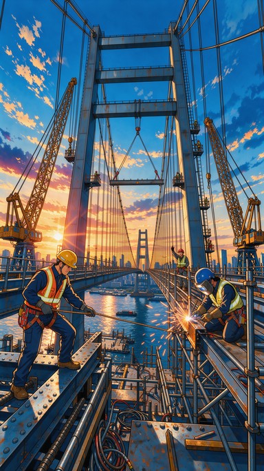 Bringe Image This anime and manga style illustration shows a huge suspension bridge ...