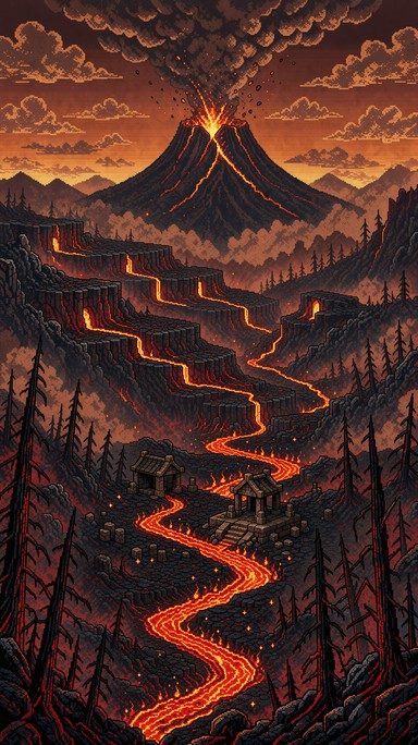 This vertical pixel art illustration shows a fiery volcano erupting in ...