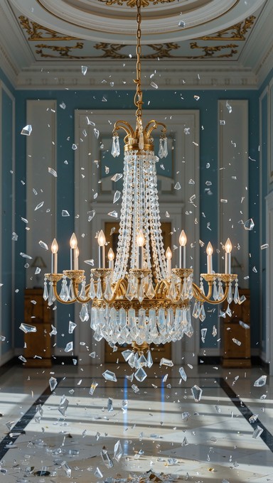 Magnificent gold and crystal chandelier hanging from an ornate ceiling ...