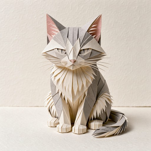 Foled Paper Handcrafted origami cat sculpture made from folded cream, ivory, and ...