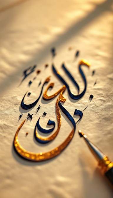 Flowing Arabic calligraphy strokes in deep indigo and gold ink create ...