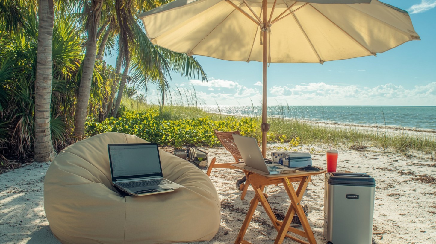 Free Beach Office Setup Image - Beach, Laptop, Umbrella | Download at ...