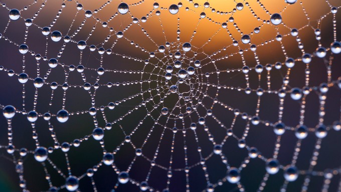 Dew-covered spider web glows with electric blue and purple light at ...