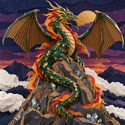 A majestic emerald and gold dragon coils atop a rocky mountain peak ...