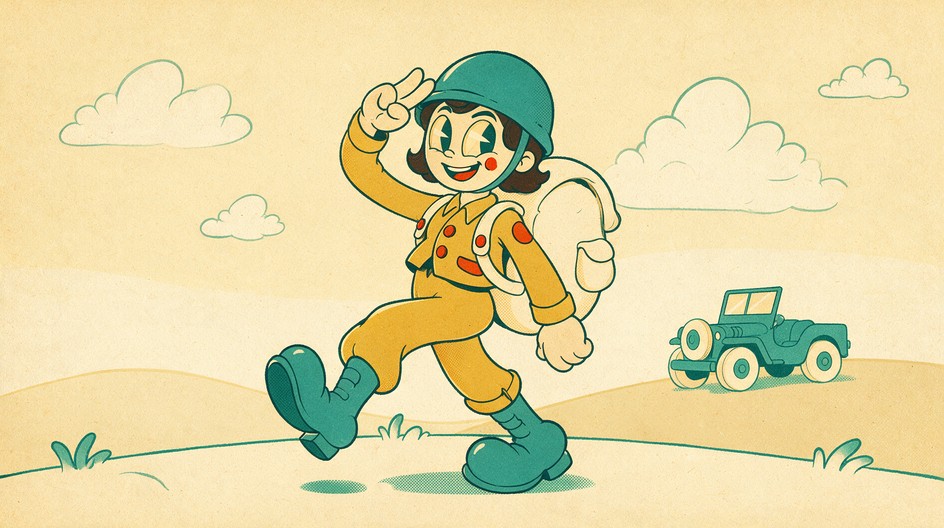 A cheerful woman soldier in a mustard uniform and teal helmet marches ...