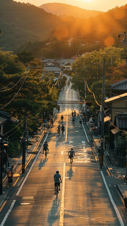 Long Path Sunset Cyclists and pedestrians journey down a sunlit street, with the golden ...