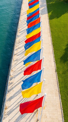 Download Colorful Seaside Flags Image - Flags, Aerial, Seaside | StockCake