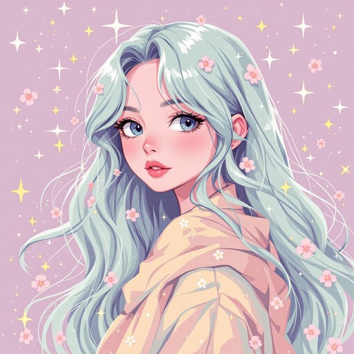 A dreamy magical girl with flowing pastel hair rendered in charming ...