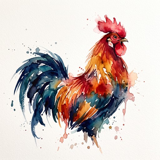 This loose watercolor illustration shows a proud rooster standing in ...