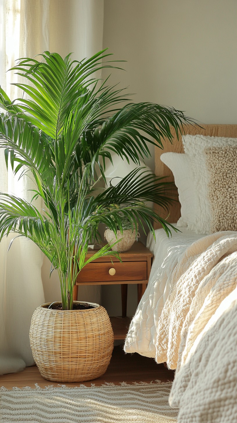 Areca palm with arching fronds giving a bedroom a tropical resort feel