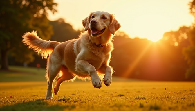 Free A Golden Retriever Running In A Grassy Park Mid Leap Stock AI ...