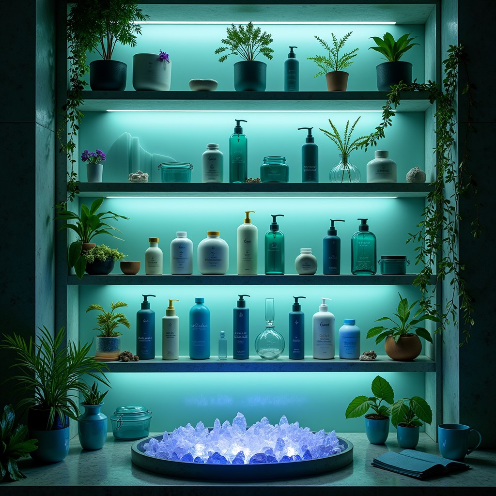 Free Illuminated Botanical Display Image - Shelves, Teal, Bottles ...