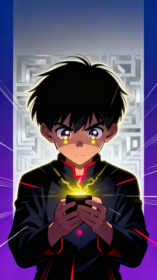 Young anime boy intensely focuses on mysterious glowing yellow object ...
