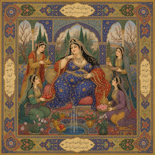 This Persian miniature-style illustration shows a full-figured ...