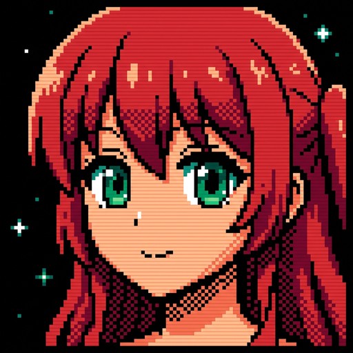 Vibrant pixel art captures a red-haired anime girl with striking ...
