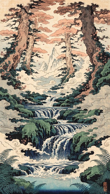 Ukiyo E Rocks Free Ancient Forest Waterfall Image - Ukiyo-e, Woodblock, Japanese ...