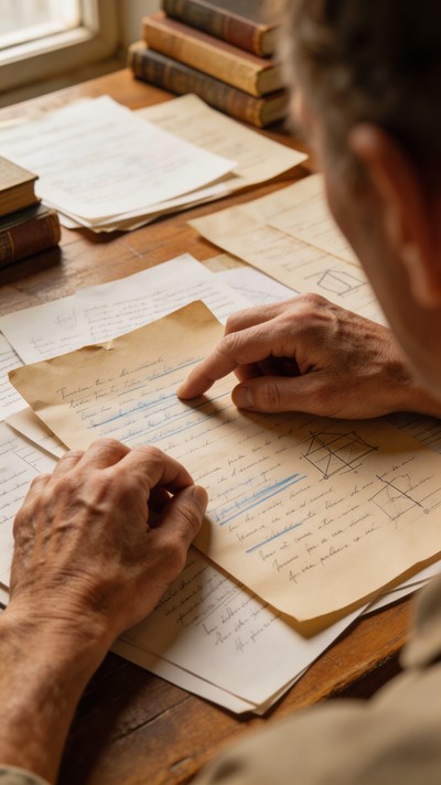 Weathered hands carefully organize handwritten notes and research ...