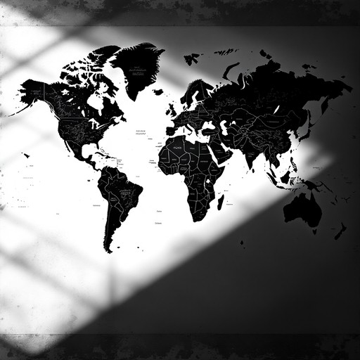 A stunning monochrome world map design showcases Earth's continents in