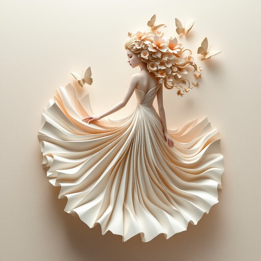 Intricate origami art featuring a girl in an elegant pleated dress with ...