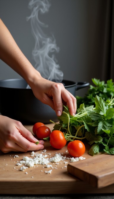 Careful preparation of garden-fresh tomatoes and leafy greens on a ...