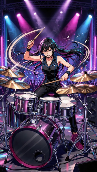 Anime illustration of a young woman drummer with long black hair ...