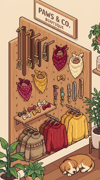 Charming pixel art display showcasing elegant dog accessories including ...