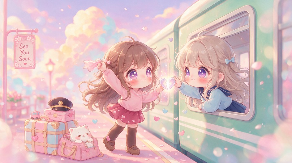 Two cute chibi girls say a sweet goodbye as one reaches up from a ...