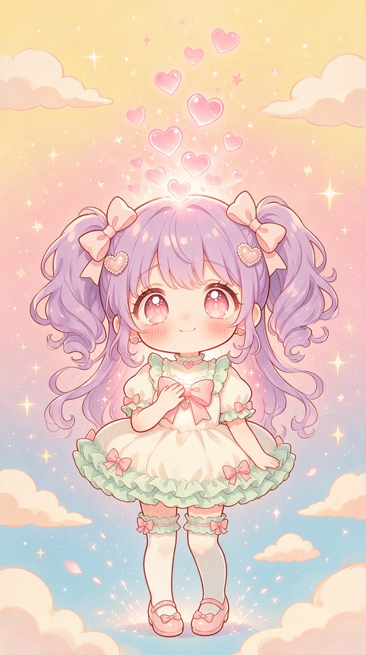 A cute chibi anime girl with fluffy lavender twin-tails holds her hands ...