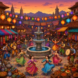 Colorful 16-bit pixel art of dancers and musicians celebrating around a ...