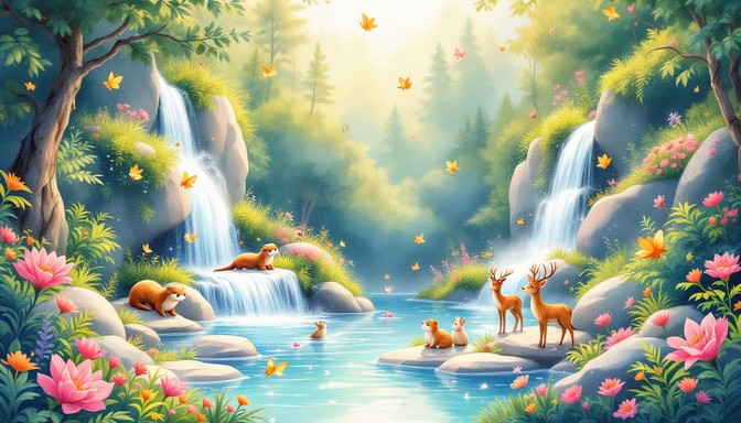 Scenery Waterfall With Rabbit Free Enchanted Forest Waterfall Image - Waterfall, Illustration ...