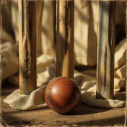 Vintage cricket ball resting on the turf alongside shattered wooden stumps