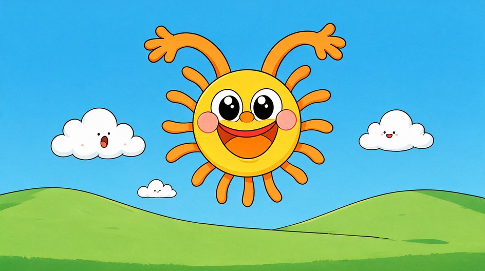 A happy cartoon sun with rosy cheeks and a big smile stretches its ...