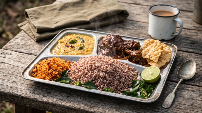 A hearty Sri Lankan meal is served on a silver stainless steel tray ...