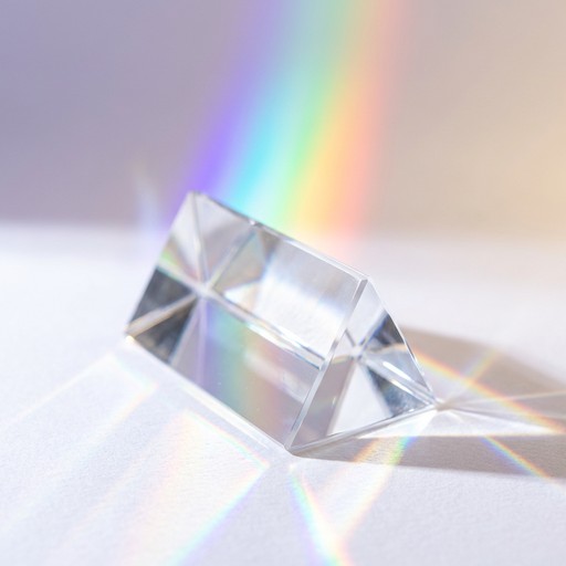 Pure Radiating White Background Transparent glass prism creates stunning rainbow light refraction with ...