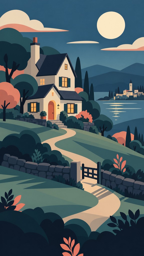 Download Moonlit Hillside Cottage Image - Illustration, Vector, Flat ...