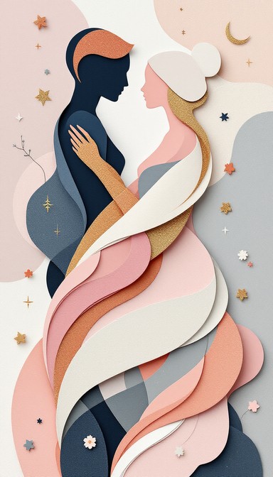 Handmade paper collage artwork showcasing intertwining masculine and ...