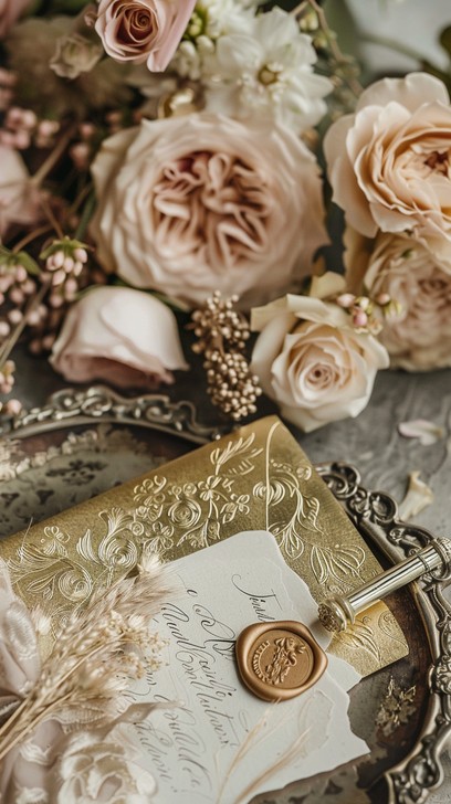 A beautifully detailed wedding invitation lies amidst a romantic array ...