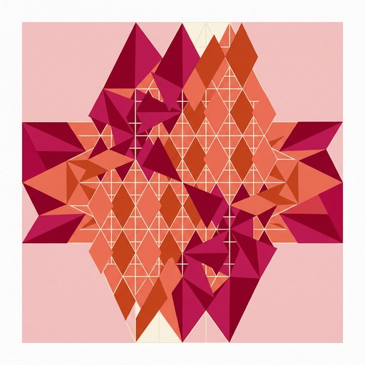 Sharp crimson triangles and warm coral diamonds lock together in a bold ...