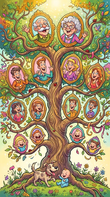 A whimsical cartoon illustration shows a giant family tree with a thick ...